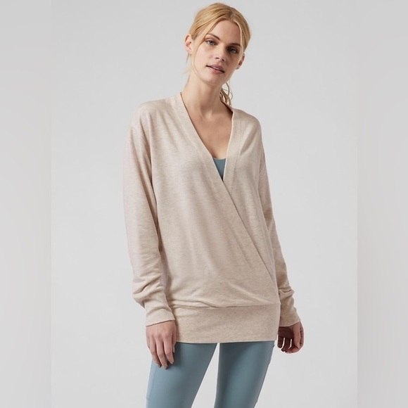 Athleta Purana V-Neck Wrap Sweatshirt XS Toasted Tan Heather Yoga Casual g30 - Picture 1 of 6